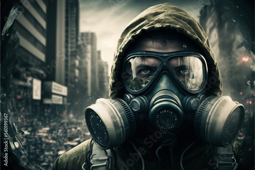 Post apocalyptic survivor in gas mask. Environmental disaster, armageddon concept.