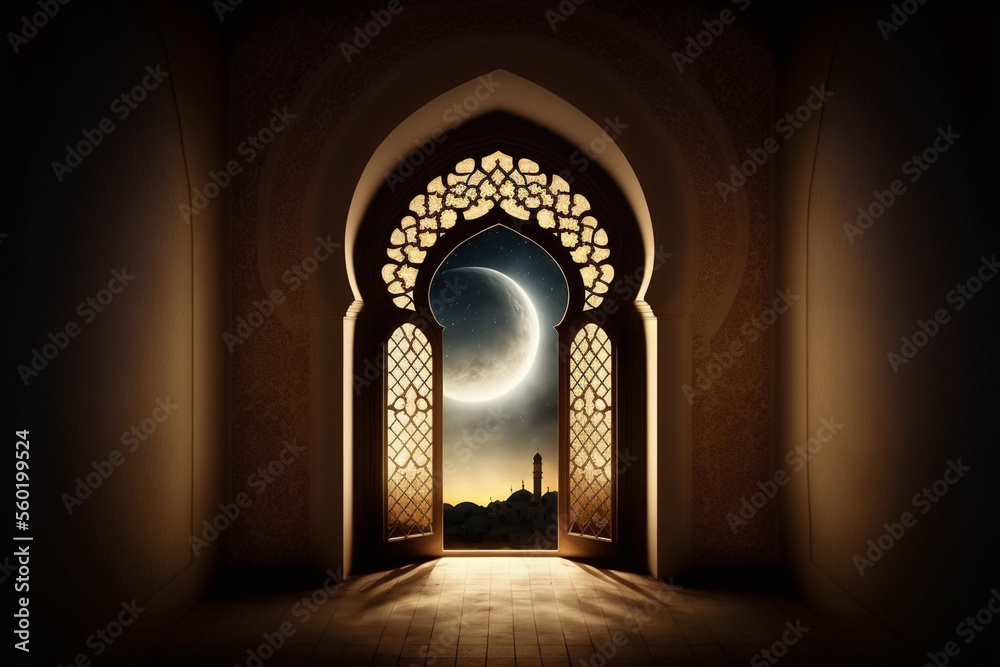 Moonlight shine through the window of an islamic mosque. Festive greeting card for Ramadan Kareem. Moonlight shine through the window of an islamic mosque. Festive greeting card for Ramadan Kareem.