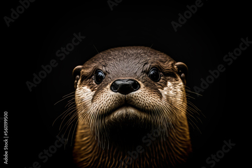 Cute otter portrait on black background. Otter face close up with copy sapce for postcards or as a design element. Generative AI sea or river otter face portrait.