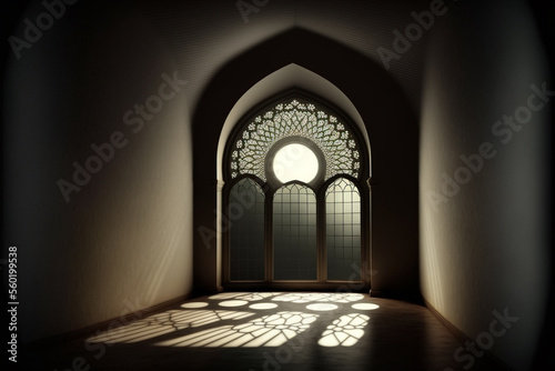 Moonlight shine through the window of an islamic mosque. Festive greeting card for Ramadan Kareem.