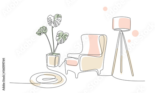 Continuous line drawing of armchair, plant, floor lamp and carpet. Editable one line art. Living room Interior with modern furniture with color abstract shapes. Single line elements. Hand draw contour