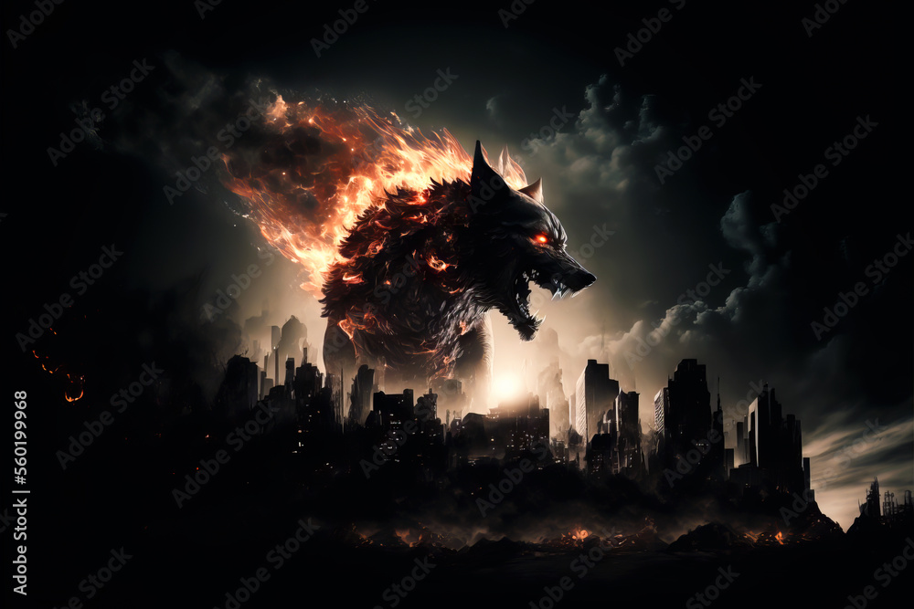 Mystical scandinavian beast wolf Fenrir destroying modern city. Fenrir start Ragnarok, fire and smoke clouds. North Mythology background, Generative AI. - obrazy, fototapety, plakaty 
