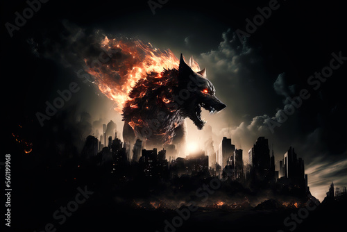 Fotografia Mystical scandinavian beast wolf Fenrir destroying modern city