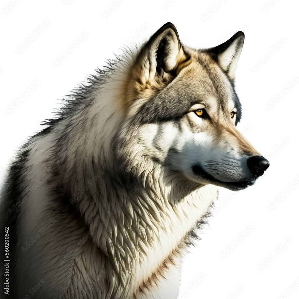 Gray wolf or canis lupus on white background. Wild wolf portrait on white background, Generative AI. Wolft portrait for zoo or background, design element.