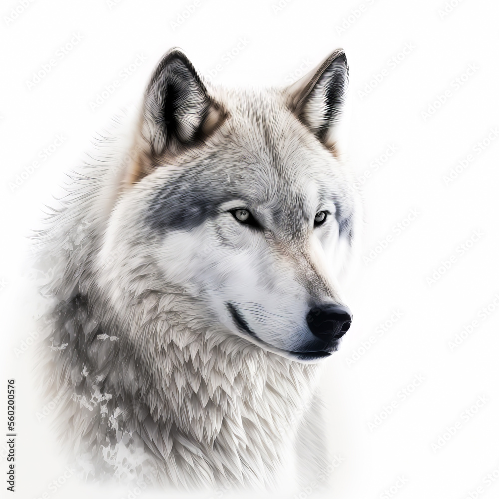 Gray wolf or canis lupus on white background. Wild wolf portrait on white background, Generative AI. Wolft portrait for zoo or background, design element.