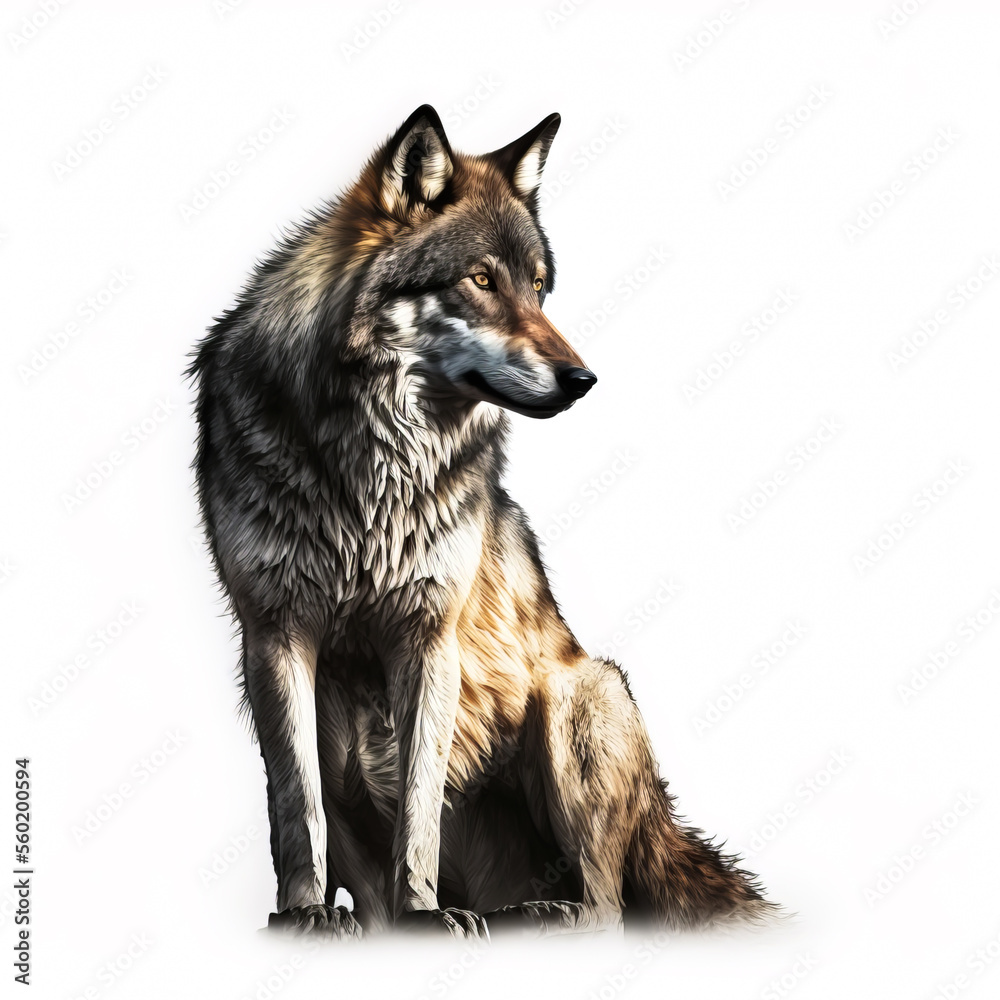 Obraz premium Gray wolf or canis lupus on white background. Wild wolf portrait on white background, Generative AI. Wolft portrait for zoo or background, design element.