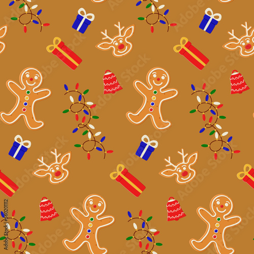 Seamless Christmas pattern with gingerbread man and deer cookies, gifts, bell lights garland