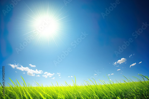 Background of summer scenery with a green grass field, blue sky, and brilliant sun. Generative AI © 2rogan