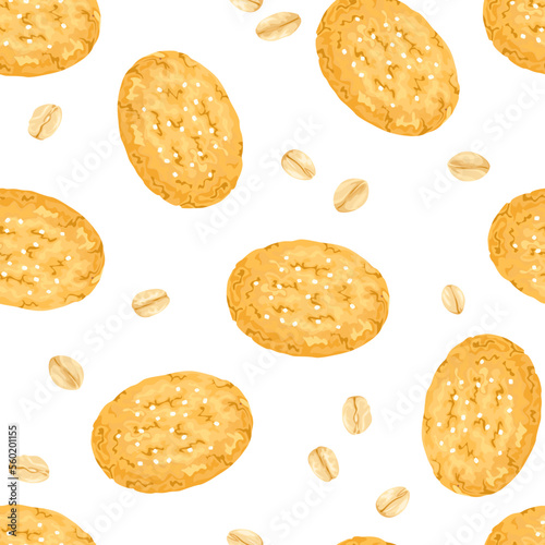 Oatmeal cookies background. Seamless pattern with healthy pastries and oat flakes. Vector cartoon illustration.