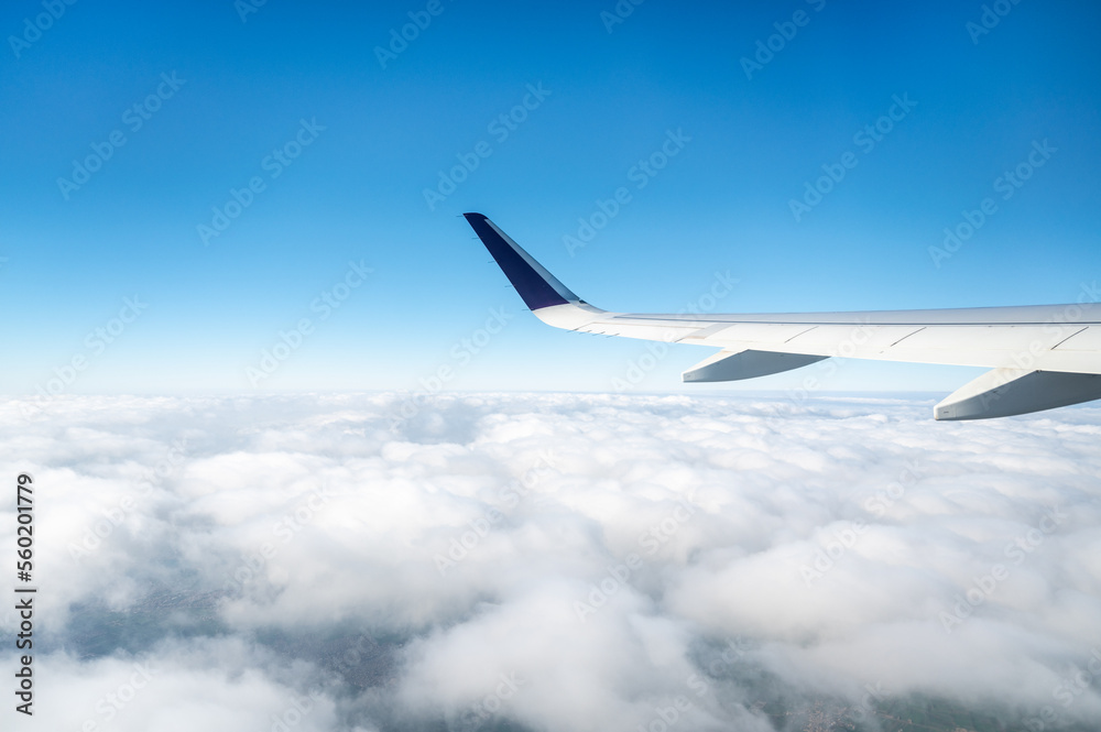 Obraz premium Wing of a plane in the sky during cloudy day