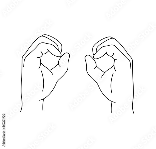 Vector isolated two hands gesture fingers closed in a ring look like through binoculars colorless black and white contour line easy drawing