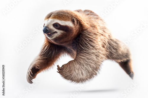 The paradox of the fast running sloth, dynamic pose on a white background