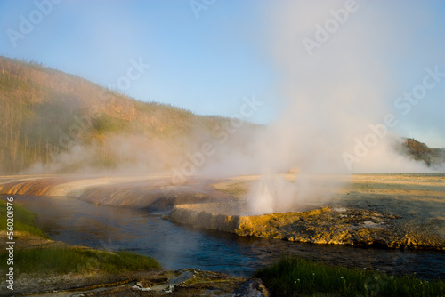 Geyser and geothermal activity along the Little Firehole River in Yellowstone National Park, Wyoming.