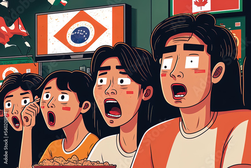 A group of Asian men and women friends watch the World Cup soccer games on TV while munching on snacks at home. People who like sports yell and cheer when their team wins a game. Generative AI photo