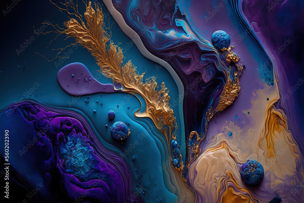 Blue and purple marble and gold abstract background texture. Indigo