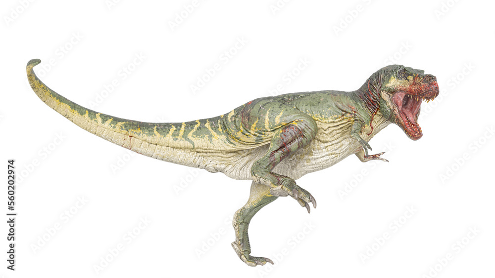 t-rex on blood is walking in white background