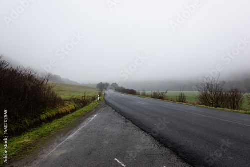 Beautiful nature in the fog with an asphalt road