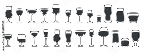 Silhouettes of various glasses isolated on white background. Vector illustration