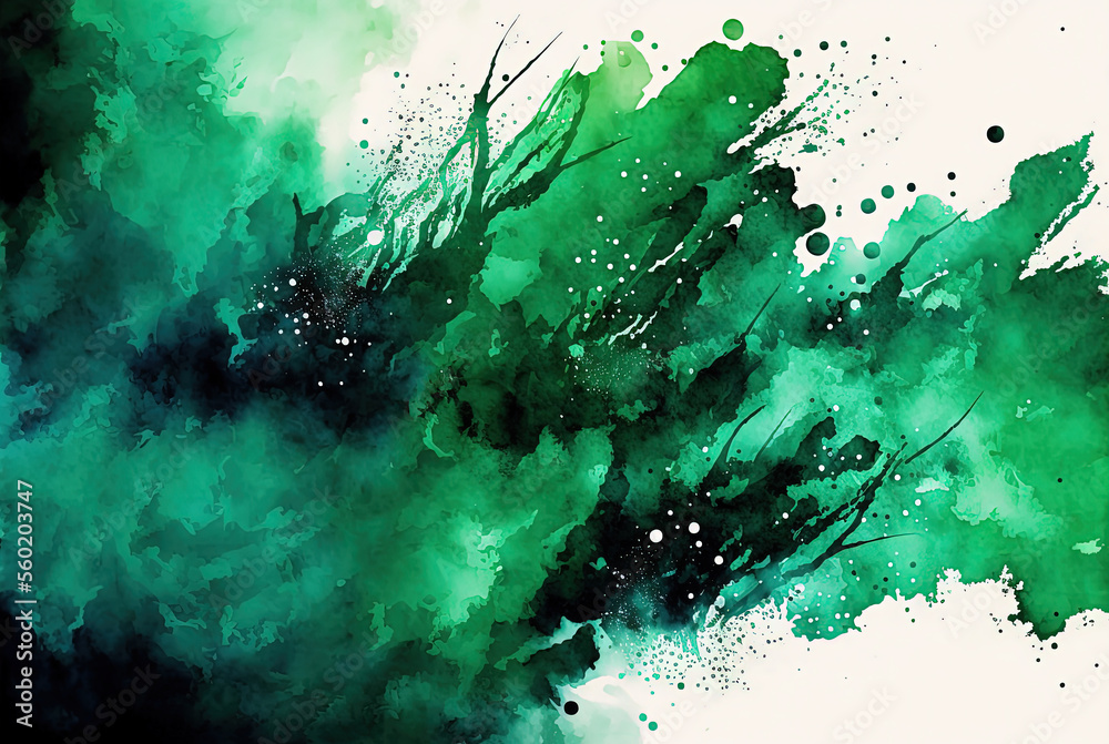 Watercolor dark green background. Splashes on white backdrop. Ai