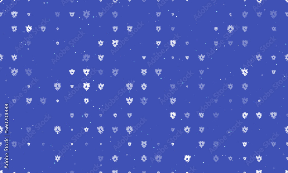 Seamless background pattern of evenly spaced white fire protection symbols of different sizes and opacity. Vector illustration on indigo background with stars