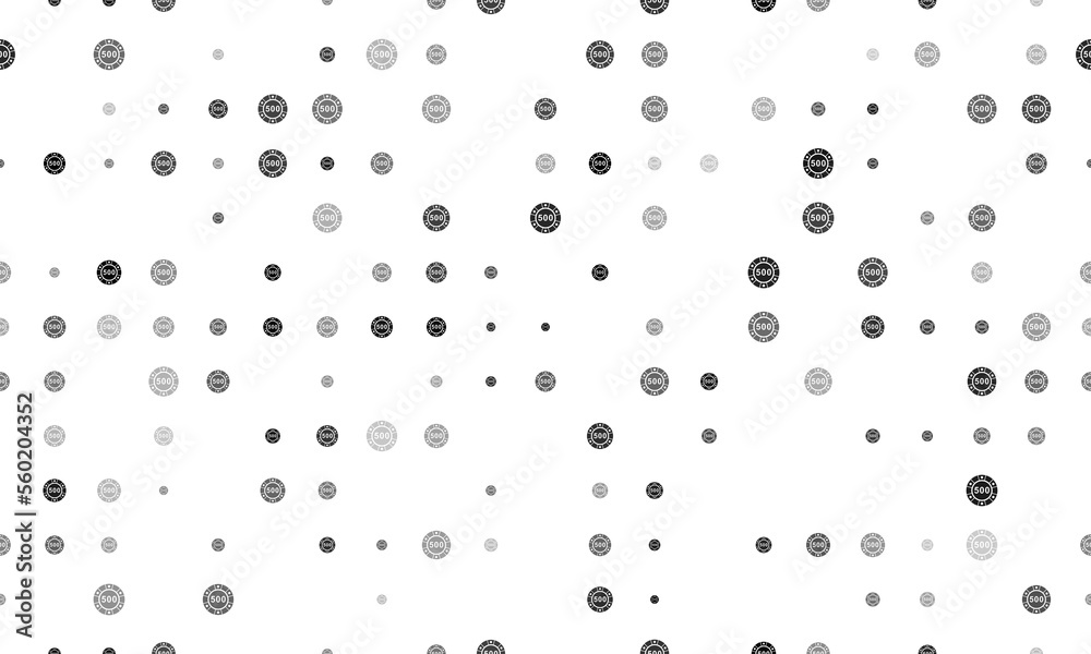 Seamless background pattern of evenly spaced black poker chip symbols of different sizes and opacity. Vector illustration on white background