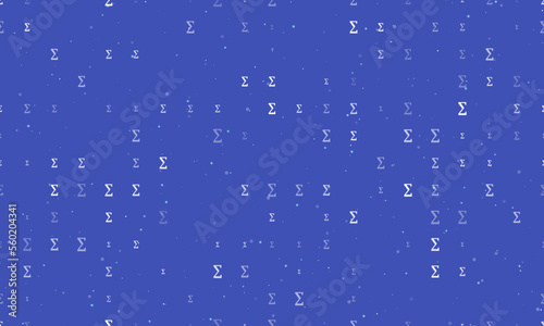 Seamless background pattern of evenly spaced white sigma symbols of different sizes and opacity. Vector illustration on indigo background with stars