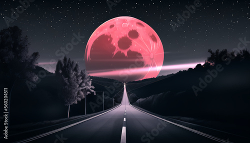 The road leading to the red moon. The night atmosphere.