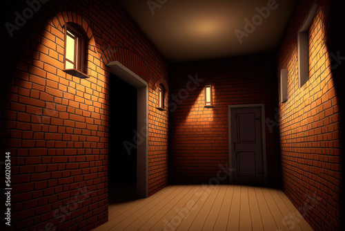 inner room with brick wall and downward pointing lights. Generative AI