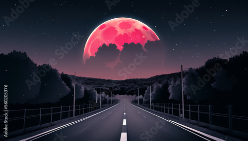 The road leading to the red moon. The night atmosphere.