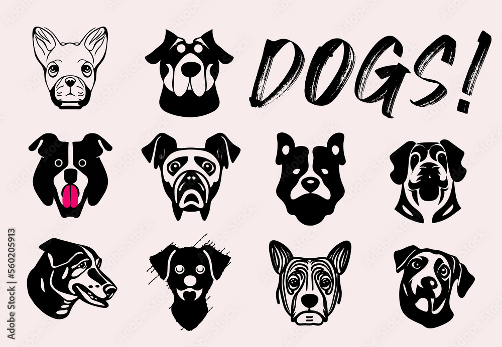 Dog vector set, dog designs, dog face vectors, dog illustrations