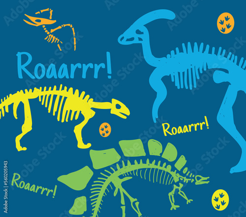 Dinosaur skeleton illustration. Dinosaur fossil vector illustration