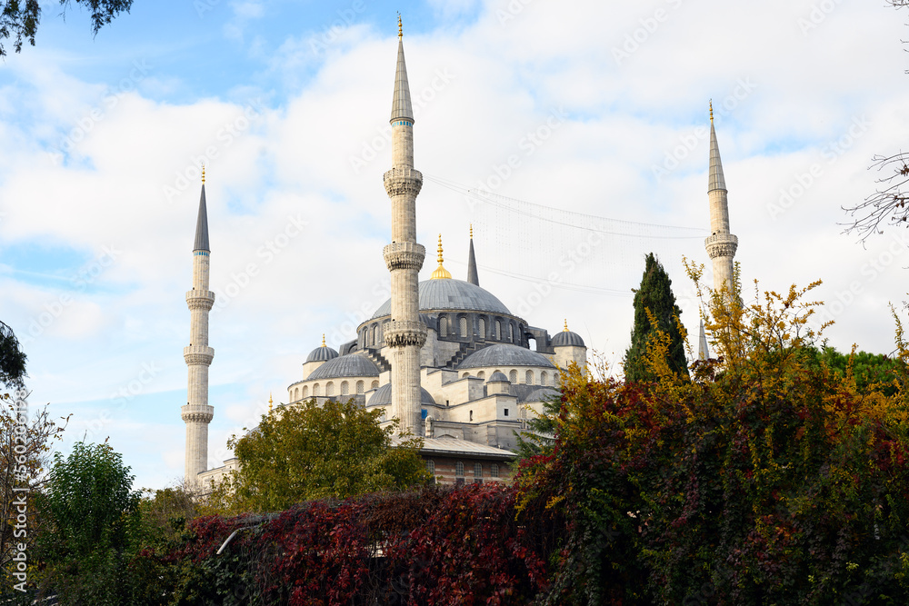 Stunning view of the Sultan Ahmed Mosque or Blue Mosque during a beautiful sunny day. The Blue Mosque is an Ottoman-era historical imperial mosque located in Istanbul, Turkey.