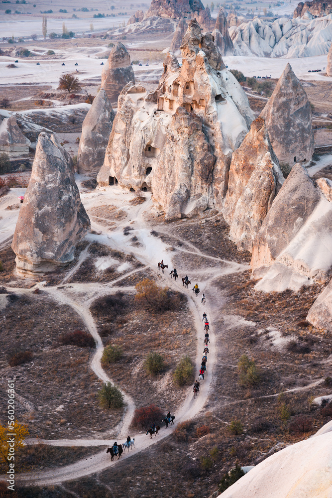 Stunning view of some rock formations in the Red & Rose Valley in Cappadocia during a beautiful sunset. Goreme, central Anatolia, Turkey