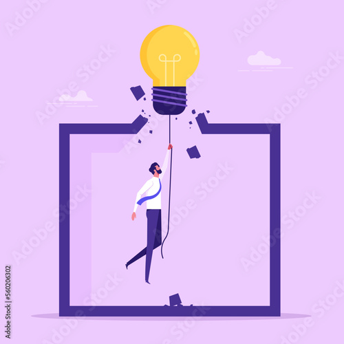 Overcome limits, challenge ideas and abilities, break the boundaries to freedom. Concept of overcoming barriers, goal, target. Businessman entrepreneur flying with lightbulb idea
