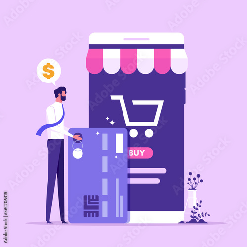 Man holding debit or credit card. Concept of service for secure electronic or wireless payment, digital transaction, money transfer, flat vector illustration