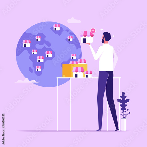 Franchise business opportunity to start or expand shop, selling shop license or growing business to global and international concept, businessman expand store fronts around the world