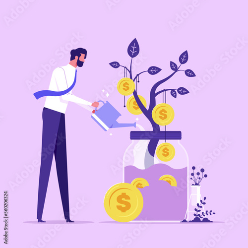 Financial or investment growth concept, businessman with watering can watering money plant increase earning profit and capital gain, success in wealth management