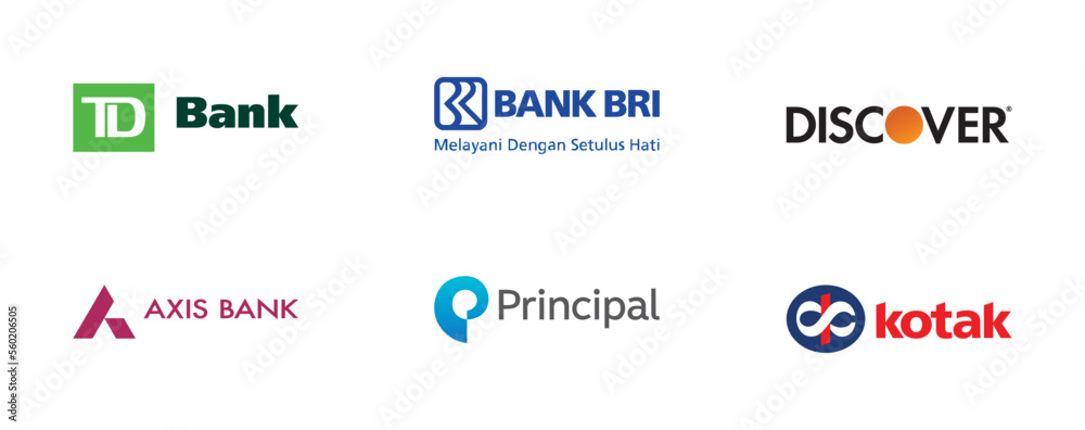 Set of Finance logos, Discover , Bank BRI, Principal financia, Axis Bank,  TD Bank, Kotak Mahindra Bank, vector icons on isolated background. Stock  Vector | Adobe Stock