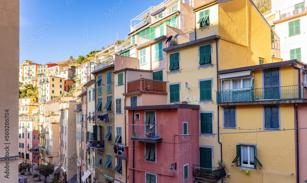 Colorful apartment homes in touristic town, Riomaggiore, Italy. Cinque Terre National Park