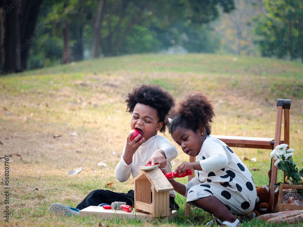 Portrait of the happy African American boys and girls setting picnic ...