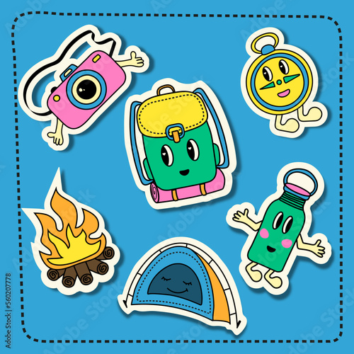 A set of bright colored stickers of the y2k, about camping and hiking