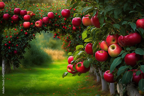 Garden apple trees with juicy, red apples that are ready for picking. Generative AI photo