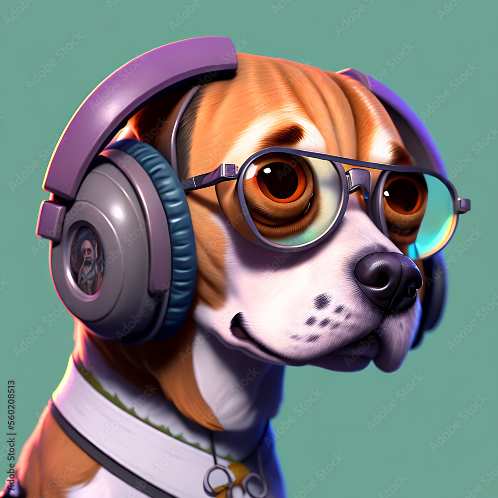 portrait of cute beagle wearing sunglasses and listening to music on headphone Generative AI