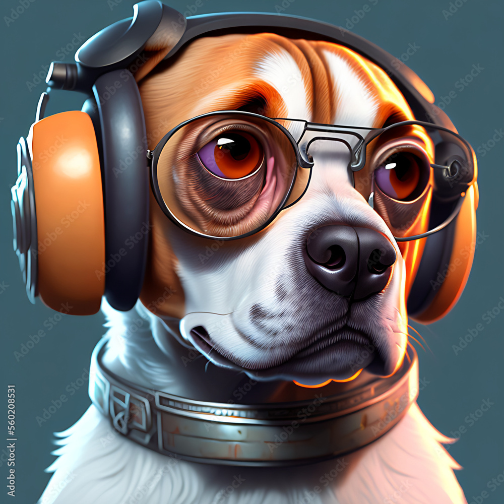 portrait of cute beagle wearing sunglasses and listening to music on headphone Generative AI