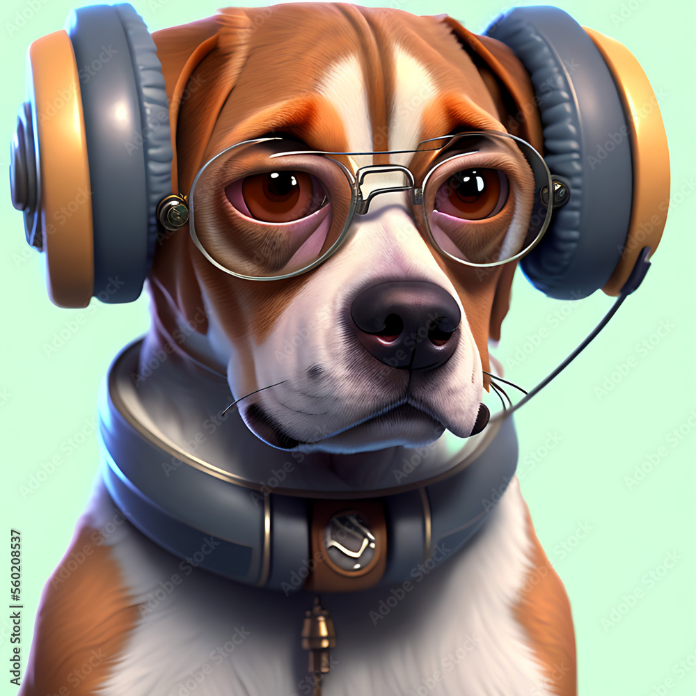 portrait of cute beagle wearing sunglasses and listening to music on headphone Generative AI