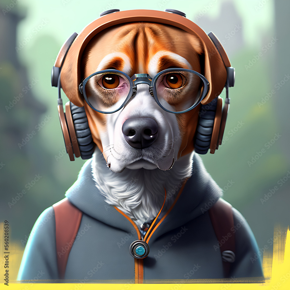 portrait of cute beagle wearing sunglasses and listening to music on headphone Generative AI