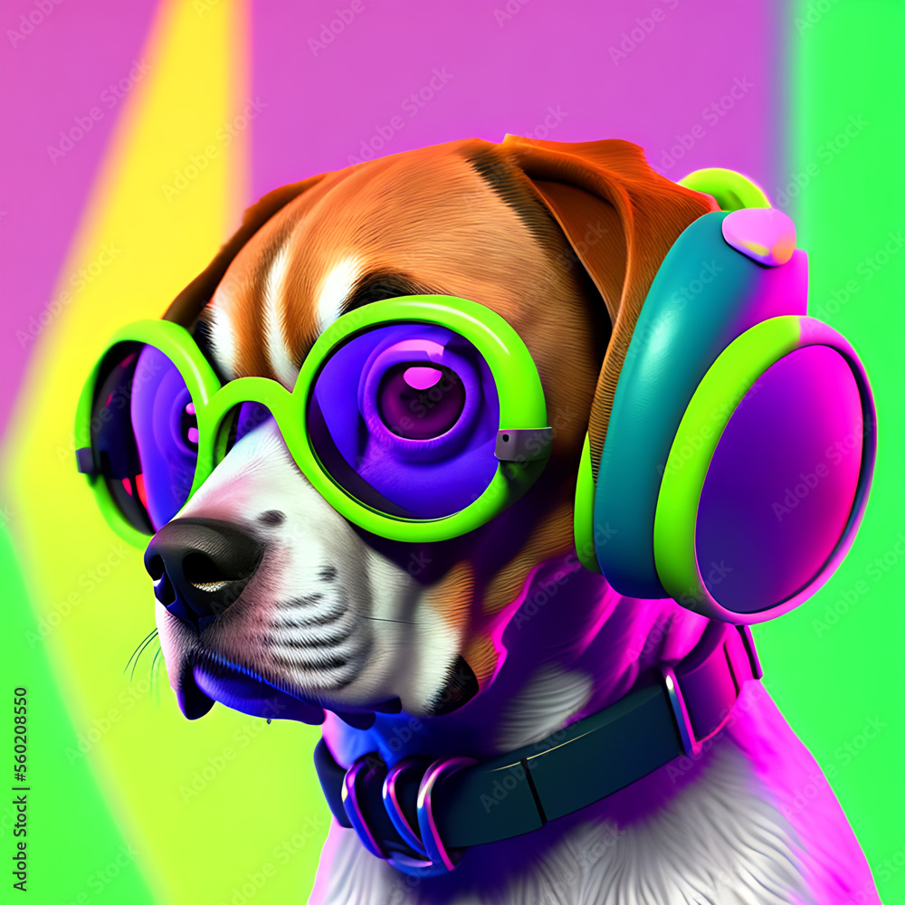 portrait of cute beagle wearing sunglasses and listening to music on headphone Generative AI
