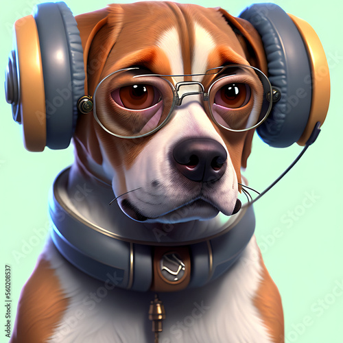 Obraz na płótnie portrait of cute beagle wearing sunglasses and listening to music on headphone Generative AI w salonie