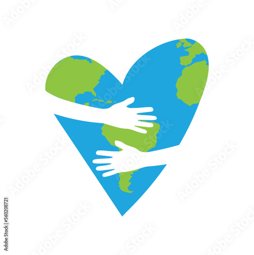 I love the planet earth, a heart with a big hug and a map of the earth, a symbol of the day of the planet and the hug day.