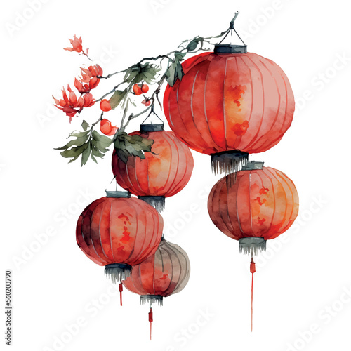 Chinese New Year festive vector card Design on watercolor background Chinese red lanterns